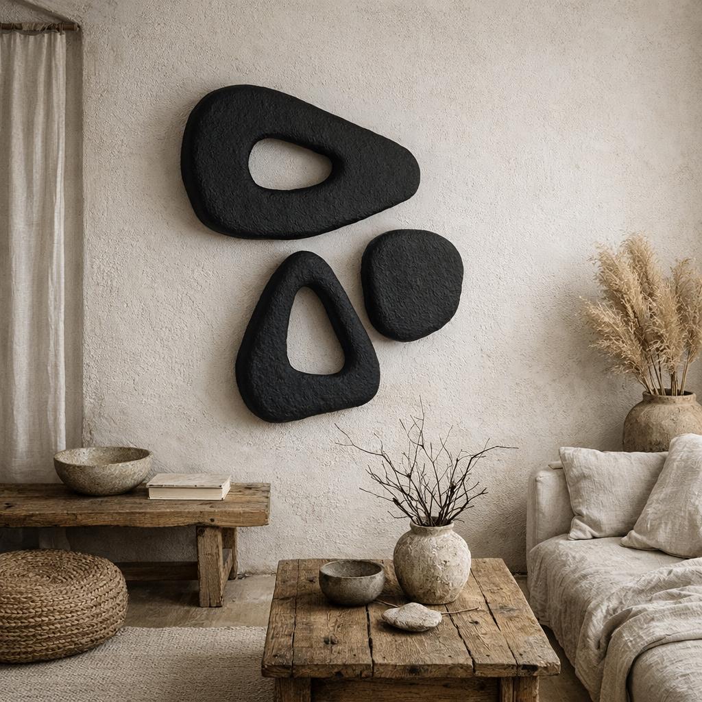 Organic Black Wabi Sabi Wall Art Set – Textured Panels – Minimalist ...