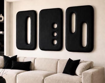 May include: Three large, rectangular black wall panels with rounded corners, mounted horizontally in a row. The left and right panels feature a single vertical cutout, while the center panel contains three circular cutouts arranged vertically.