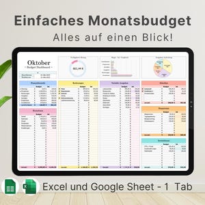 Maandelijks budget sjabloon Excel, inkomsten-uitgaven tracker, budgetplanner voor sparen en financiën (Duits), uitgavenoverzicht, Google Sheets