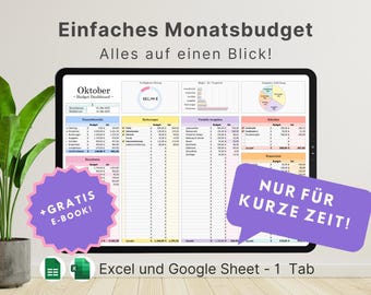 Monthly budget template Excel, income-expense tracker, budget planner for savings & finances (German), expense overview, Google Sheets