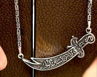 925 Sterling Silver Zulfiqar chain Necklace, Imam Ali Sword arabic script Pendant, men necklace, Eid gift for husband, islamic pendant gift