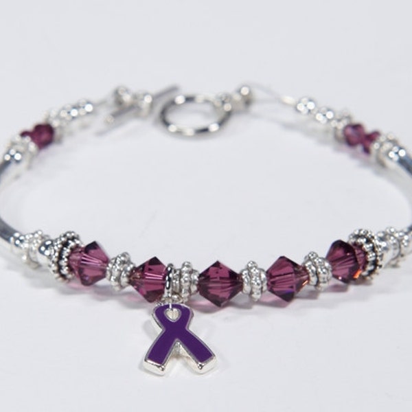 Purple Awareness Bracelet Swarvoski Crystal. Pancreatic & Thyroid Cancer, ITP,Alzheimer, Cystic Fibrosis,Lupus, ADHD, Fibromyalgia. Beaded.