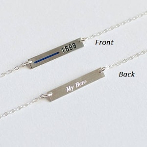 Thin Blue Line Personalized Necklace for Police Wife. Custom Law Enforcement Badge Number Rectangle Bar Sterling Silver, Gold, or Rose Gold image 2