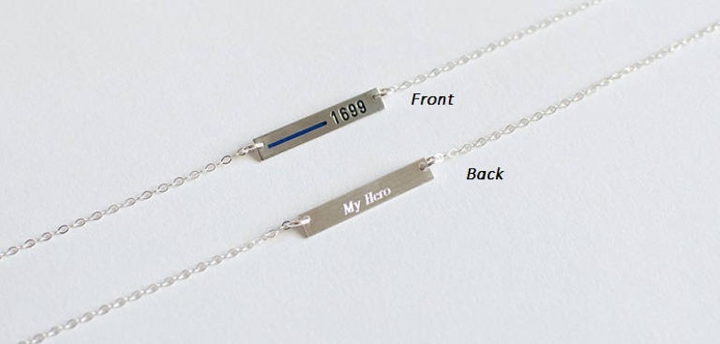 Thin Blue Line Personalized Necklace for Police Wife. Custom Law Enforcement Badge Number Rectangle Bar Sterling Silver, Gold, or Rose Gold image 2