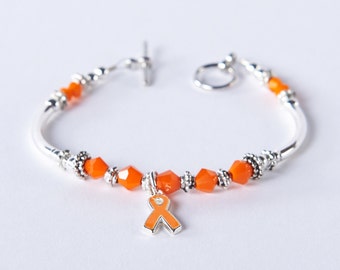 Orange Awareness Charm Bracelet: Leukemia, Multiple Sclerosis (MS), Kidney Cancer, Spinal Cancer, Kidney Disease, RSDS. Awareness. Beaded.