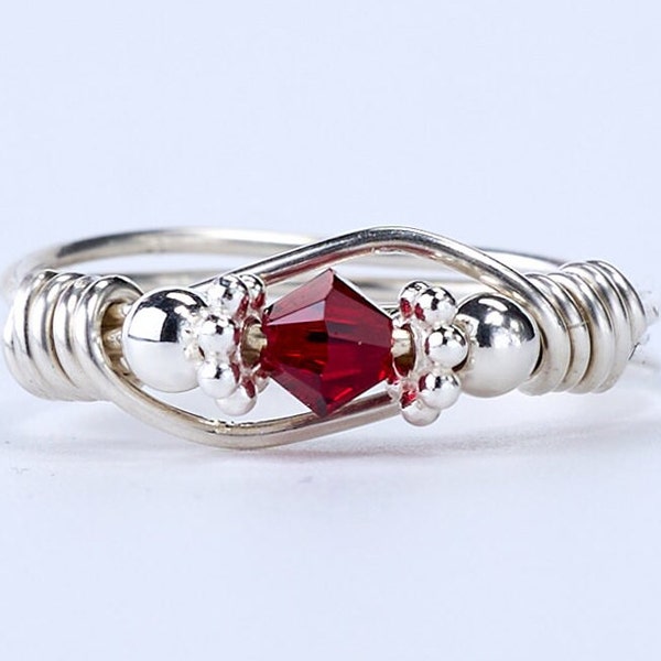 July Birthstone Ring: Handmade Sterling Silver July Birthstone Ring made with Ruby Swarovski Crystals. Birthday and Christmas gift for her.