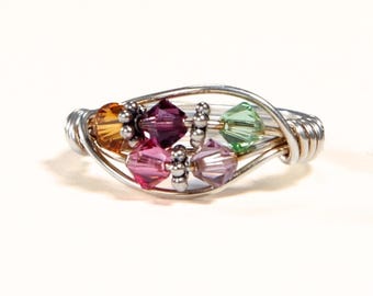 Sterling Silver Grandmother&#39;s Ring: 5 Swarovski Birthstone Crystals