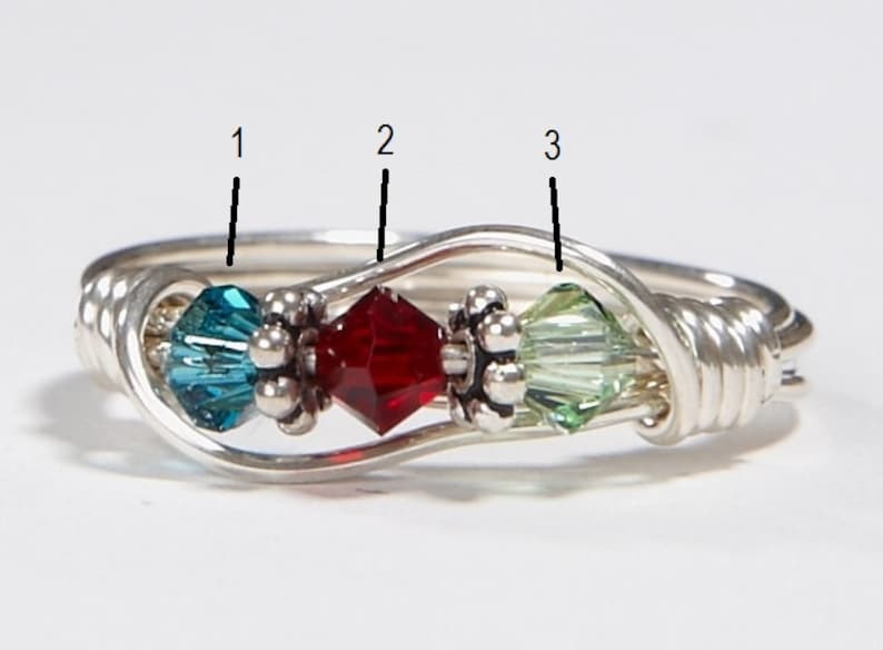 3 Birthstone Mother's Ring: Personalized wire wrapped Sterling Silver Mother's Family Ring. Three Swarovski Birthstone Crystals. Birthday image 2