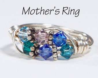 6 Birthstone Grandmother's Family Ring: Personalized Sterling Silver multi-stone mom's ring. Six Swarovski Crystals. Birthday, Christmas