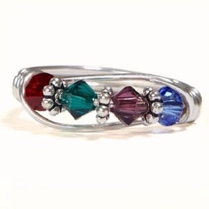 Mother&#39;s Ring with 4 crystals: Sterling Silver 4 birthstone Mom&#39;s multi-stone crystal Family Ring. Birthday, Valentine&#39;s Day, Christmas