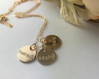 Mother's personalized handstamped name necklace in gold, silver, rose gold. Custom 1/2" discs for Mother's Day, birthday, anniversary, vday.