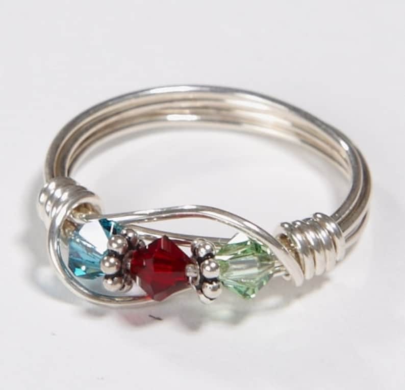 3 Birthstone Mother's Ring: Personalized wire wrapped Sterling Silver Mother's Family Ring. Three Swarovski Birthstone Crystals. Birthday image 3