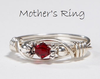 1 Birthstone Mother's Ring: Personalized Sterling Silver Mom's Family Ring. Solitaire Swarovski Stone Crystal, for Mother's Day & Christmas