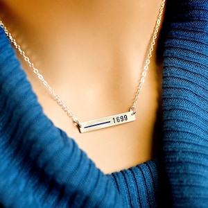 Thin Blue Line Personalized Necklace for Police or Police wife.Custom Law Enforcement Badge Number Rectangle Bar-Sterling, Gold or Rose. TBL