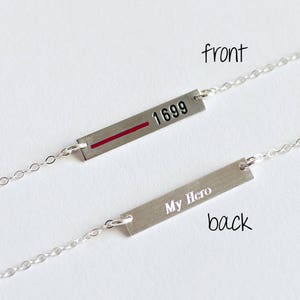 Thin Red Line Personalized Necklace Firefighter Wife.Custom Fireman Badge Number.Rectangle bar Sterling Silver, Gold, Rose Gold.TRL jewelry image 4