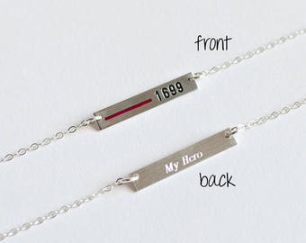 Thin Red Line Personalized Necklace Firefighter Wife. Custom Fireman Badge Number. Rectangle bar- Sterling Silver, Gold, Rose Gold. TRL