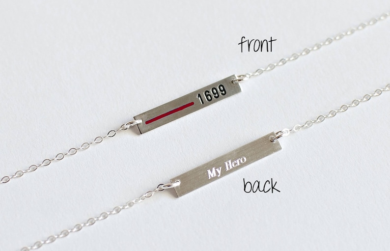 Thin Red Line Personalized Necklace Firefighter Wife.Custom Fireman Badge Number.Rectangle bar Sterling Silver, Gold, Rose Gold.TRL jewelry image 4