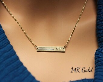 Thin Blue Line Necklace, 14k Gold Rose Gold or Sterling Silver necklace for Police wives. Custom Law Enforcement number. Rectangle bar. TBL