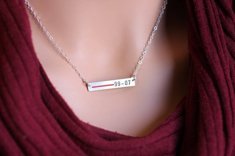 Thin Red Line Personalized Necklace Firefighter Wife.Custom Fireman Badge Number.Rectangle bar Sterling Silver, Gold, Rose Gold.TRL jewelry image 7