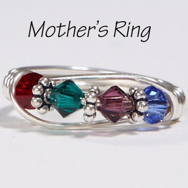 4 Stone Mother's Birthstone Ring: Personalized Sterling Silver Mom's multistone Family Ring. Four Swarovski Crystals/Mother's Day, Christmas