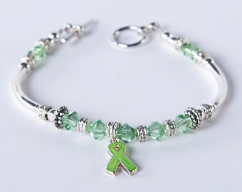 Lymphoma Bracelet. Lime Green Ribbon Charm Awareness. Non-Hodgkins Lymphoma, Lyme Disease, Muscular Dystrophy, Mental Health, Celiac