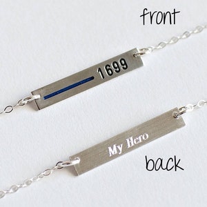 Personalized Thin Blue Line Necklace for Police Wife or female police officer. Custom Law Enforcement Badge Number Rectangle Bar. TBL