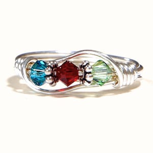 3 Birthstone Mother&#39;s Ring. Personalized Sterling Silver Mom&#39;s Family Ring. Three Swarovski multistone Crystals. Mother&#39;s Day, Christmas