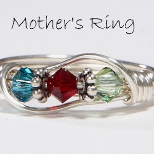 3 Birthstone Mother's Ring: Personalized wire wrapped Sterling Silver Mother's Family Ring. Three Swarovski Birthstone Crystals. Birthday image 1