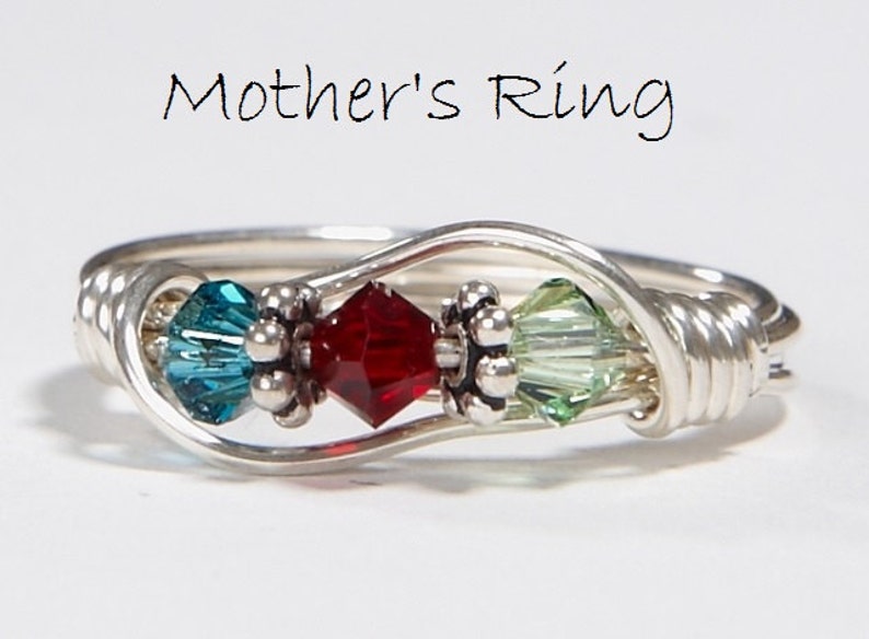 3 Birthstone Mother's Ring: Personalized wire wrapped Sterling Silver Mother's Family Ring. Three Swarovski Birthstone Crystals. Birthday image 1