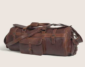 Vintage Leather Duffel Bag, Handmade Buffalo Travel Bag, Weekender Overnight for Men
