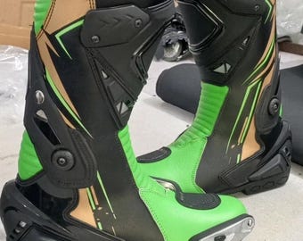 Armored Motorcycle Racing Boots - Neon Green & Black- Street Track Riding Gear