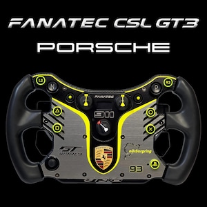 May include: A Fanatec CSL GT3 Porsche racing steering wheel featuring a brushed metal faceplate with yellow accents, black rubberized grips, and various buttons labeled with symbols, the Porsche logo, 911, GT World, and Nürburgring text.