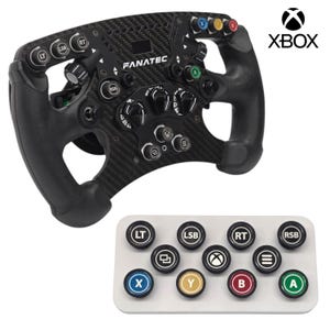 May include: A black and carbon fiber Fanatec racing wheel for Xbox, featuring multiple buttons and dials. Includes a set of interchangeable button caps with various symbols and letters. The Xbox logo is visible.