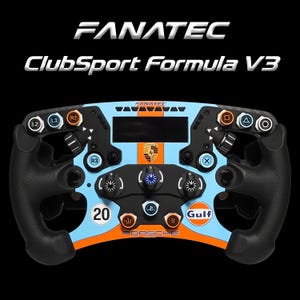 May include: A Fanatec ClubSport Formula V3 racing steering wheel featuring a light blue and orange Gulf livery. The wheel includes black grips, a central digital display, multiple labelled buttons, rotary switches, and the Porsche logo.