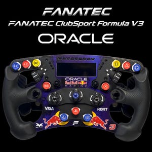 Puede incluir: Un volante de carreras Fanatec ClubSport Formula V3 con diseño de Oracle Red Bull Racing. El dispositivo incluye una pantalla central, varios botones de colores con símbolos, diales giratorios y dos logotipos de toro rojo sobre un fondo morado.