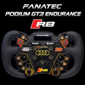 May include: A black Fanatec Podium GT3 Endurance steering wheel featuring a carbon fiber texture, Audi Sport branding, the number 38, and various buttons labeled with symbols. The text Fanatec, Podium GT3 Endurance, and R8 are displayed above.