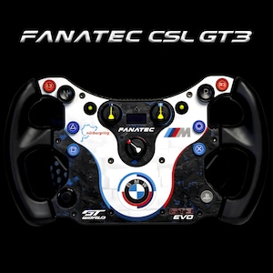 Op de afbeelding: Een Fanatec CSL GT3 stuurwielcontroller met een witte middenplaat voorzien van een BMW-logo, Nürburgring-circuitomtrek en M-branding. Het apparaat bevat zwarte handgrepen, diverse blauwe en rode knoppen, draaischakelaars en de tekst GT World.