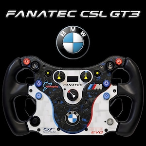 May include: A Fanatec CSL GT3 steering wheel featuring a black carbon fibre centre, white side panels with blue and red accents, and the BMW logo. The wheel includes various buttons, rotary switches, and the text Fanatec CSL GT3, M, and Nürburgring.