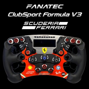 May include: A Fanatec ClubSport Formula V3 Scuderia Ferrari steering wheel featuring a black and red design with numerous buttons, a central digital display, the Ferrari logo, and various sponsor decals including Shell, HP, and Ray-Ban.