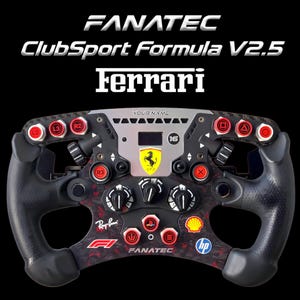 May include: A Fanatec ClubSport Formula V2.5 Ferrari steering wheel featuring a black carbon fiber finish, red buttons with white symbols, a central Ferrari logo, and various brand decals including Ray-Ban, Shell, HP, and the F1 logo on a black background.