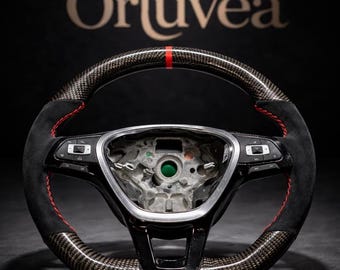 Orluvéa Carbon Fiber Steering Wheel for Volkswagen | Custom Flat Bottom | Alcantara Grip, Red Stitching | Golf GTI R MK6 MK7 Passat Scirocco