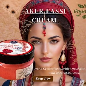 May include: A jar of Aker Fassi cream with a red and black label, featuring text in multiple languages. The cream is a vibrant red color. The image also includes the text "Hand Cream for nutrition your skin hand with natural skincare" and "Shop Now".