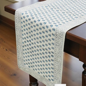 May include: A rectangular table runner with a floral pattern in blue and white. The runner has a gray border with a repeating design. The runner is draped over a dark wooden table.