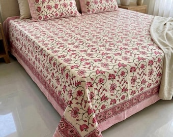 Lenzuolo matrimoniale (Queen Size) stampato a mano con blocchi di legno, biancheria da letto indiana in cotone biologico, lenzuolo piatto con motivo floreale botanico