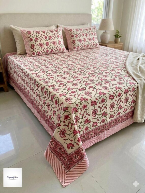 Queen Size Hand Block Print Bedsheet, Organic Cotton Indian Bedding, Floral Botanical Flat Sheet