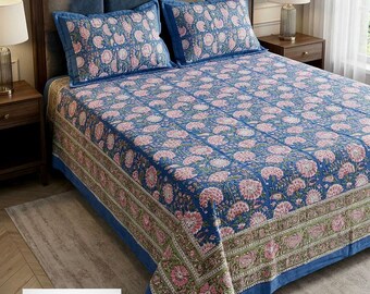 Hand Block Print Queen Size Flat Sheet Set; Bed Sheet; Coverlet; Cotton