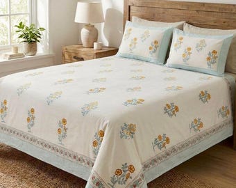 Queen Size Hand Block Print Bedsheet, Organic Cotton, Floral Botanical Indian Bedding