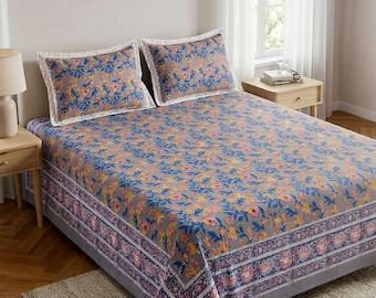 Juego de sábanas planas tamaño Queen con estampado a mano; sábana; colcha; algodón