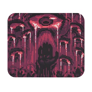 May include: A pixelated mouse mat with a dark, abstract design. The artwork shows multiple red eyes with white tear streaks, and a dark, shadowy figure. The colour palette is primarily shades of red and black.