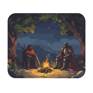 May include: Pixelated image of two figures in armour by a campfire beneath a tree. One wears a red cape, the other a brown cloak. The scene is set at dusk with a starry sky.